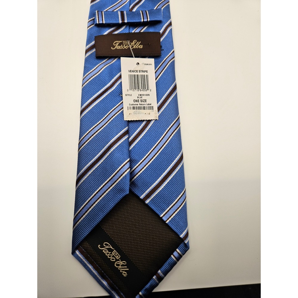 Tasso Elba Mens Venice Stripe‎ Silk Tie Blue Brown White Handmade EM201028 - Picture 4 of 6